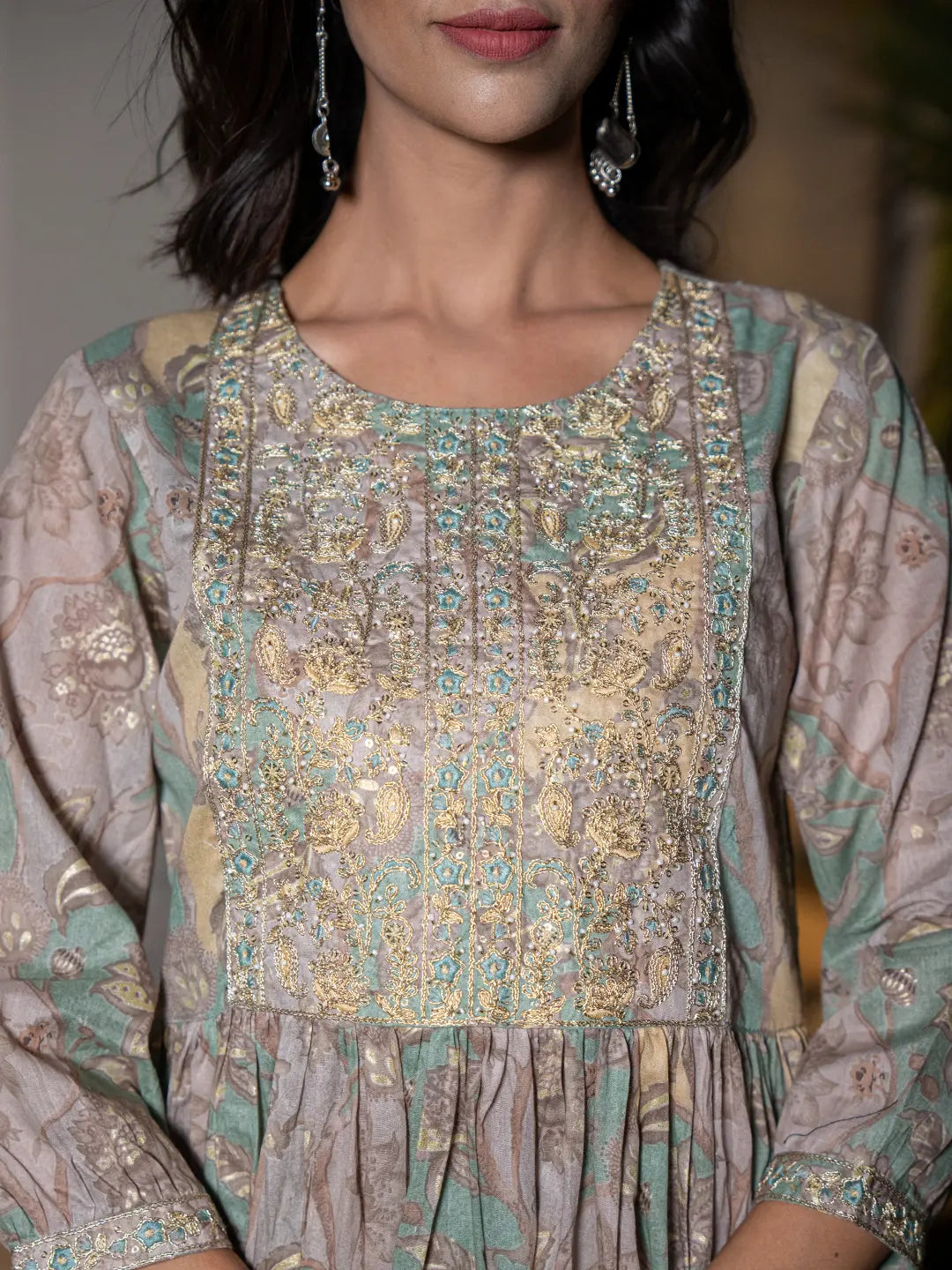 Sea-Green-Organic-Cotton-Print-Fit-And-Flare-3-Piece-Kurta-Set