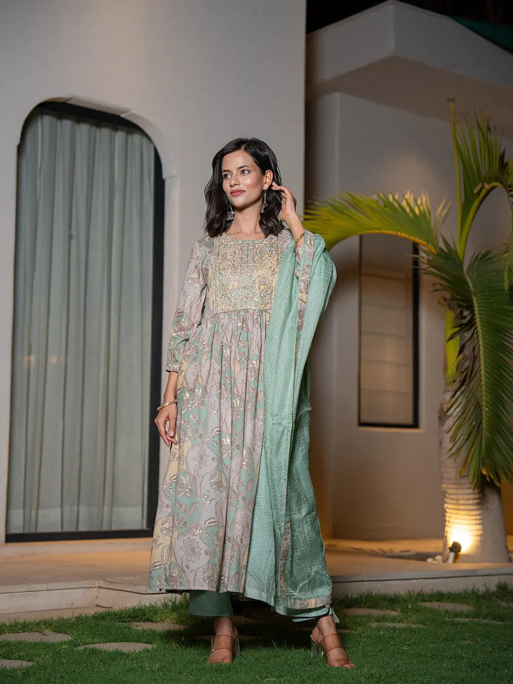 Sea-Green-Organic-Cotton-Print-Fit-And-Flare-3-Piece-Kurta-Set