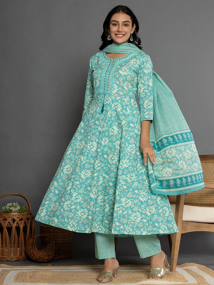 Sea-Green-Cotton-Mirror-Work-Anarkali-Set