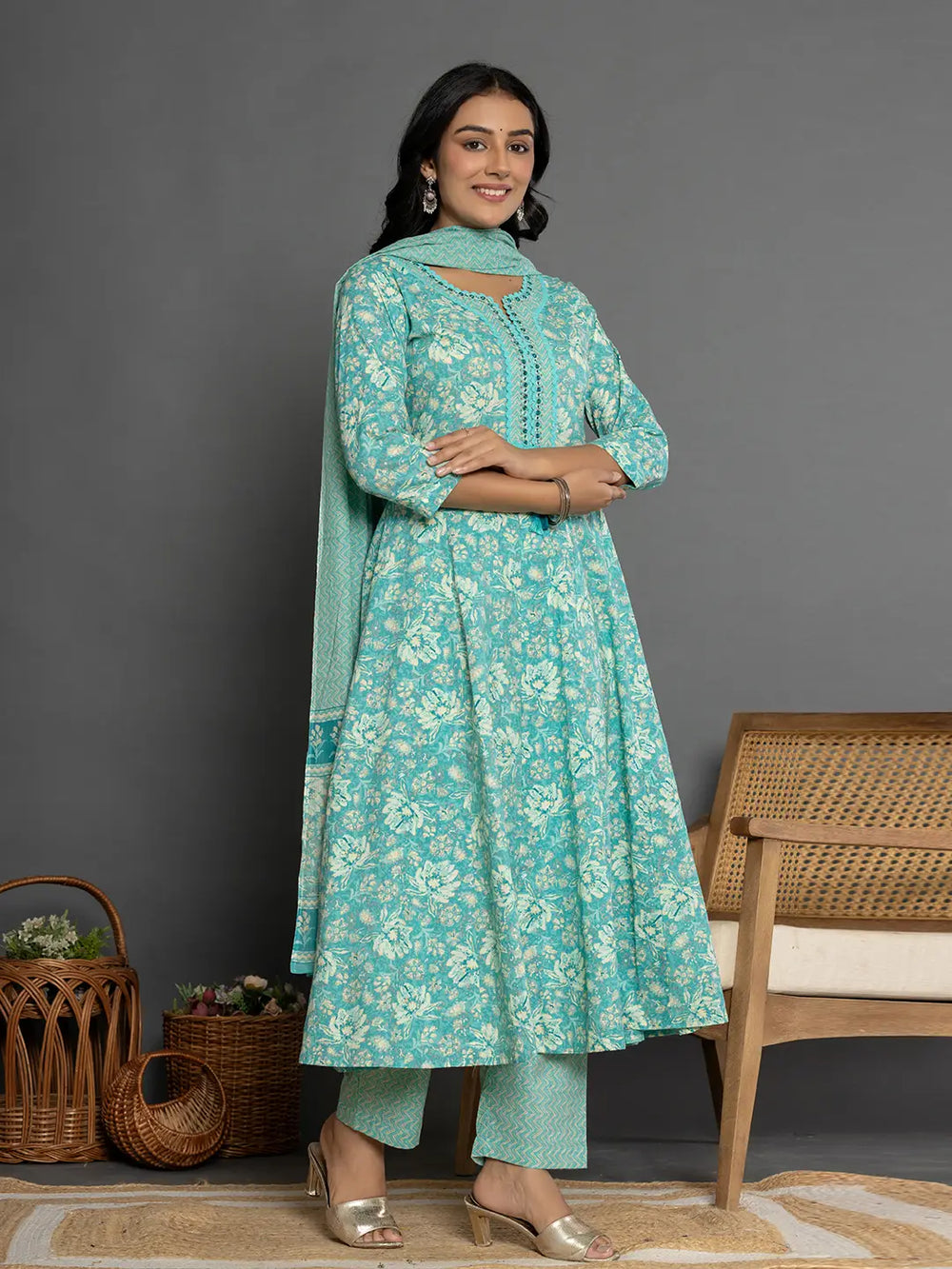 Sea-Green-Cotton-Mirror-Work-Anarkali-Set