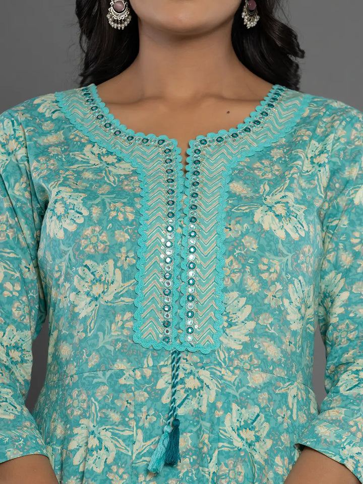 Sea-Green-Cotton-Mirror-Work-Anarkali-Set