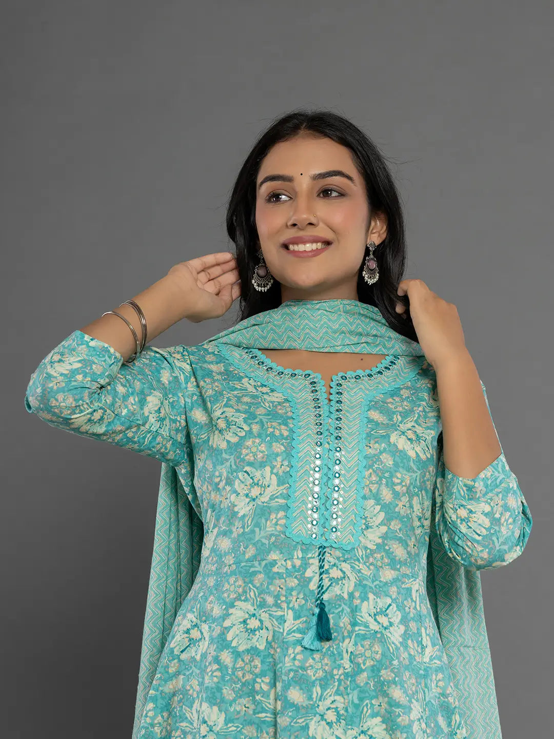 Sea-Green-Cotton-Mirror-Work-Anarkali-Set