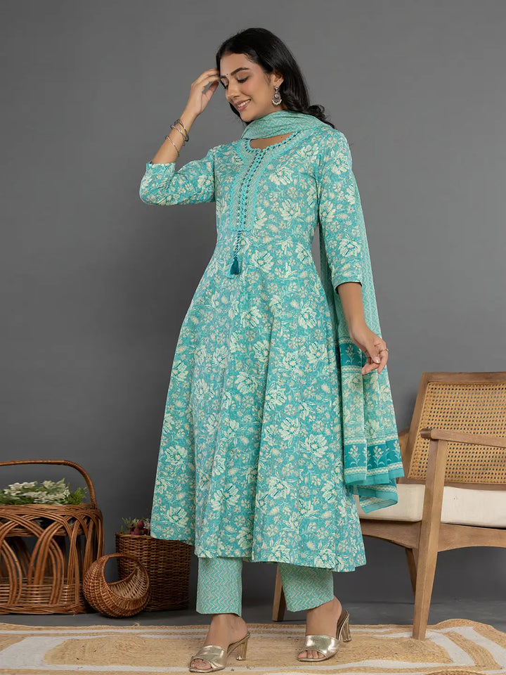 Sea-Green-Cotton-Mirror-Work-Anarkali-Set