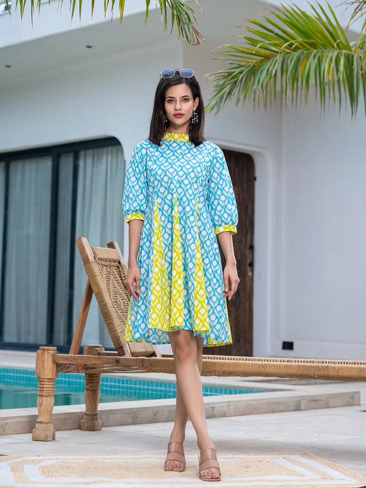 Sky-Blue-&-Lime-Green-Pure-Cotton-Colour-blocking-Dress