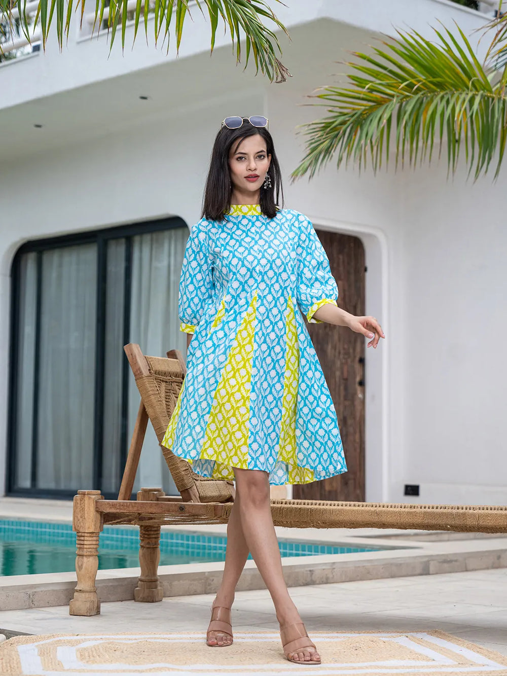 Sky-Blue-&-Lime-Green-Pure-Cotton-Colour-blocking-Dress