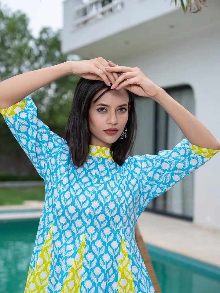 Sky-Blue-&-Lime-Green-Pure-Cotton-Colour-blocking-Dress