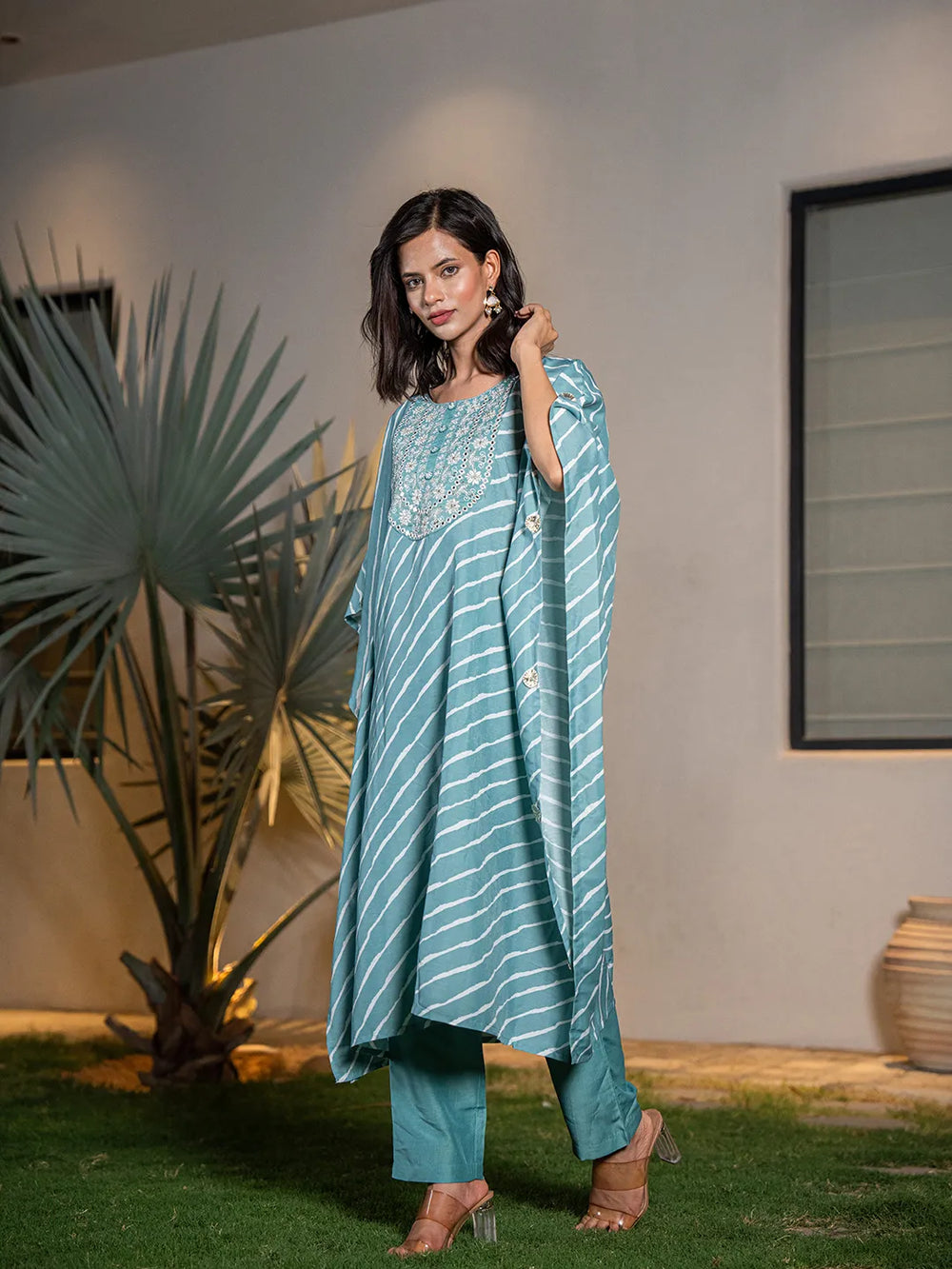 Sky-Blue-Silk-Blend-Leheriya-Embroidered-Kaftan-Kurta-Set