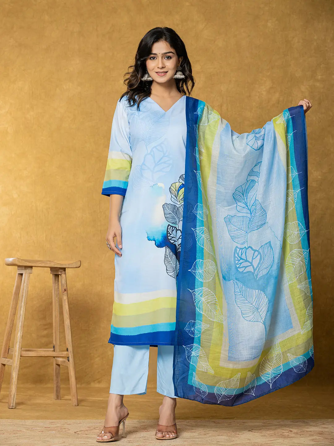 Sky-Blue-Linen-Floral-Printed-3-Piece-Kurta-Set