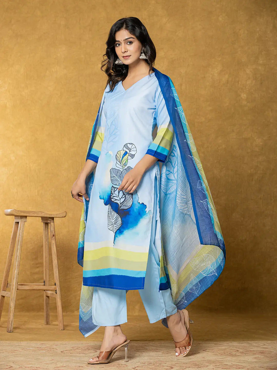 Sky-Blue-Linen-Floral-Printed-3-Piece-Kurta-Set