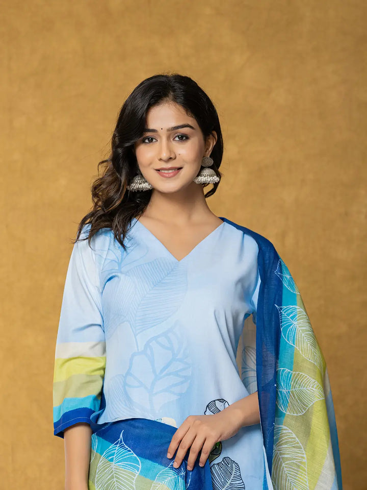 Sky-Blue-Linen-Floral-Printed-3-Piece-Kurta-Set