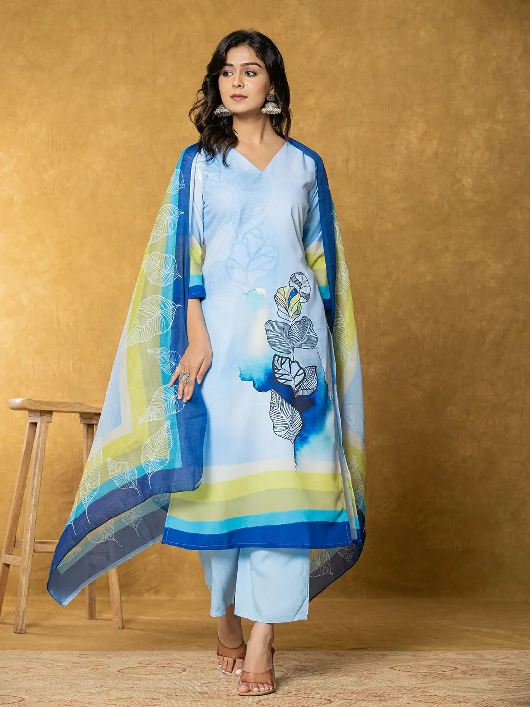 Sky-Blue-Linen-Floral-Printed-3-Piece-Kurta-Set