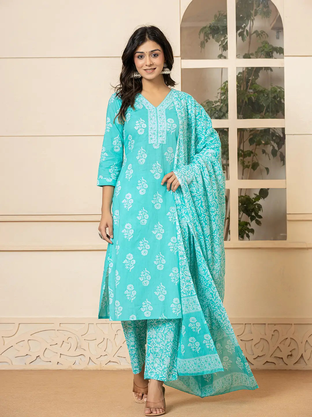 Sky-Blue-Pure-Cotton-Sequins-Work-Straight-3-Piece-Kurta-Set