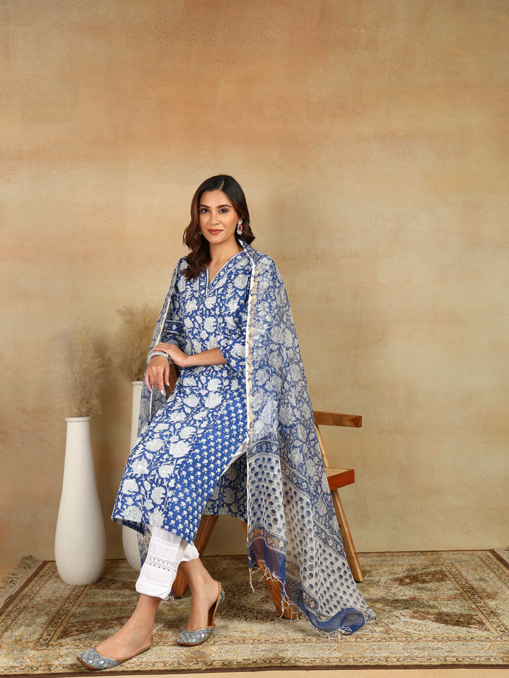 Blue-&-White-Cotton-Hand-Block-Print-Straight-Bagru-Kurta