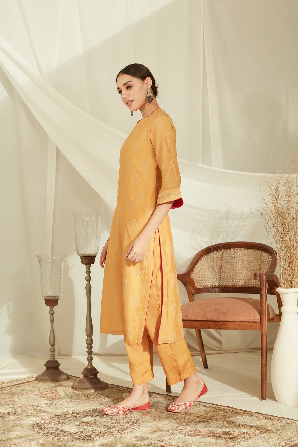 Amber Yellow Pure Chanderi Silk Printed Suit Set