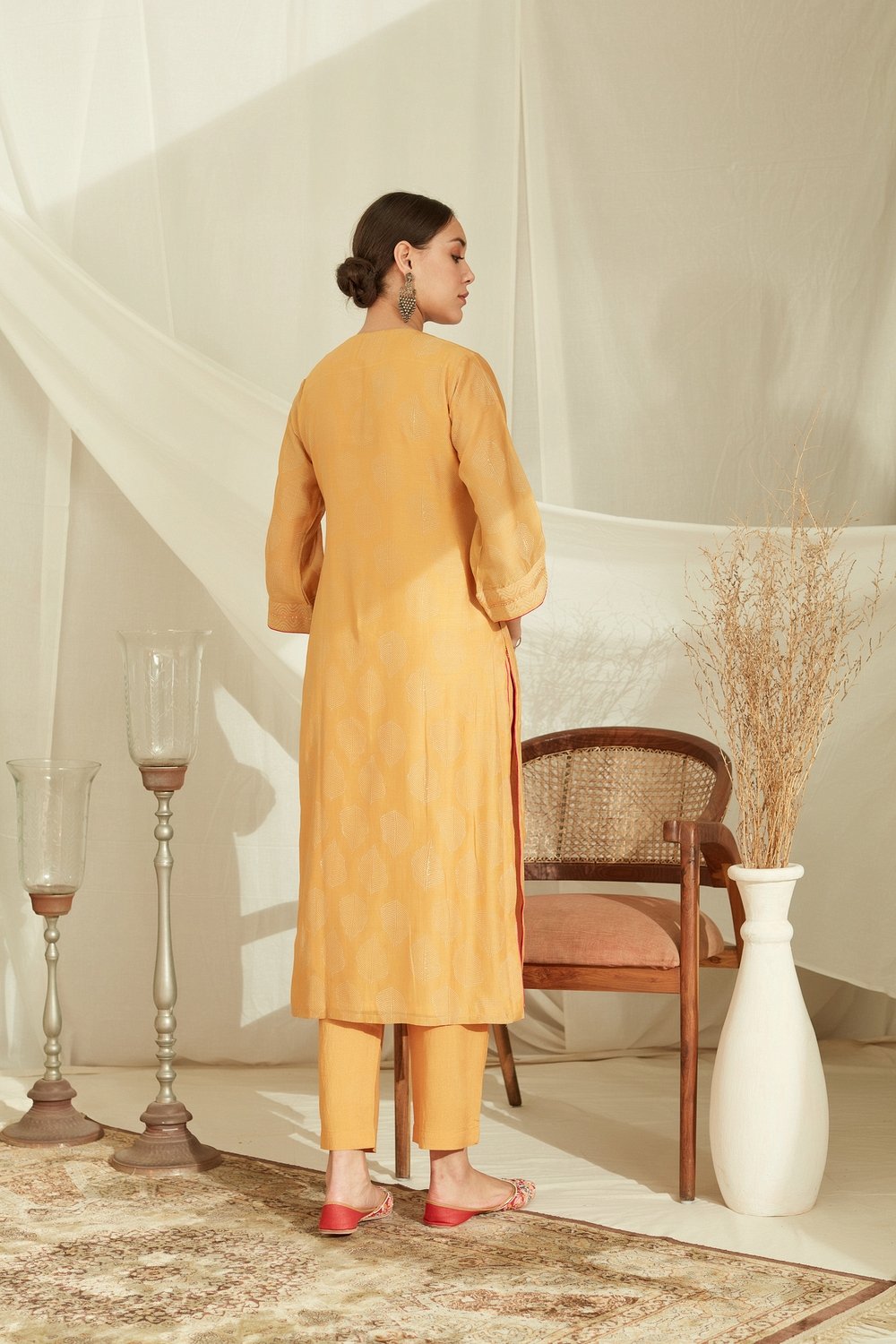 Amber Yellow Pure Chanderi Silk Printed Suit Set