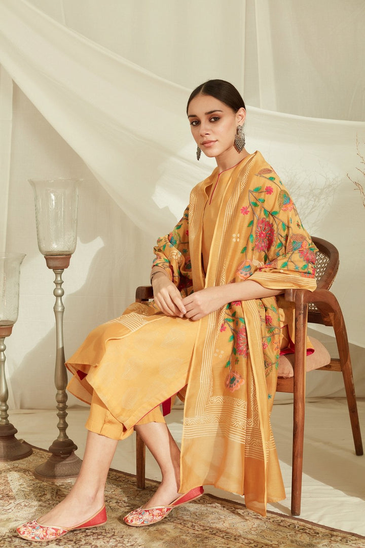 Amber Yellow Pure Chanderi Silk Printed Suit Set