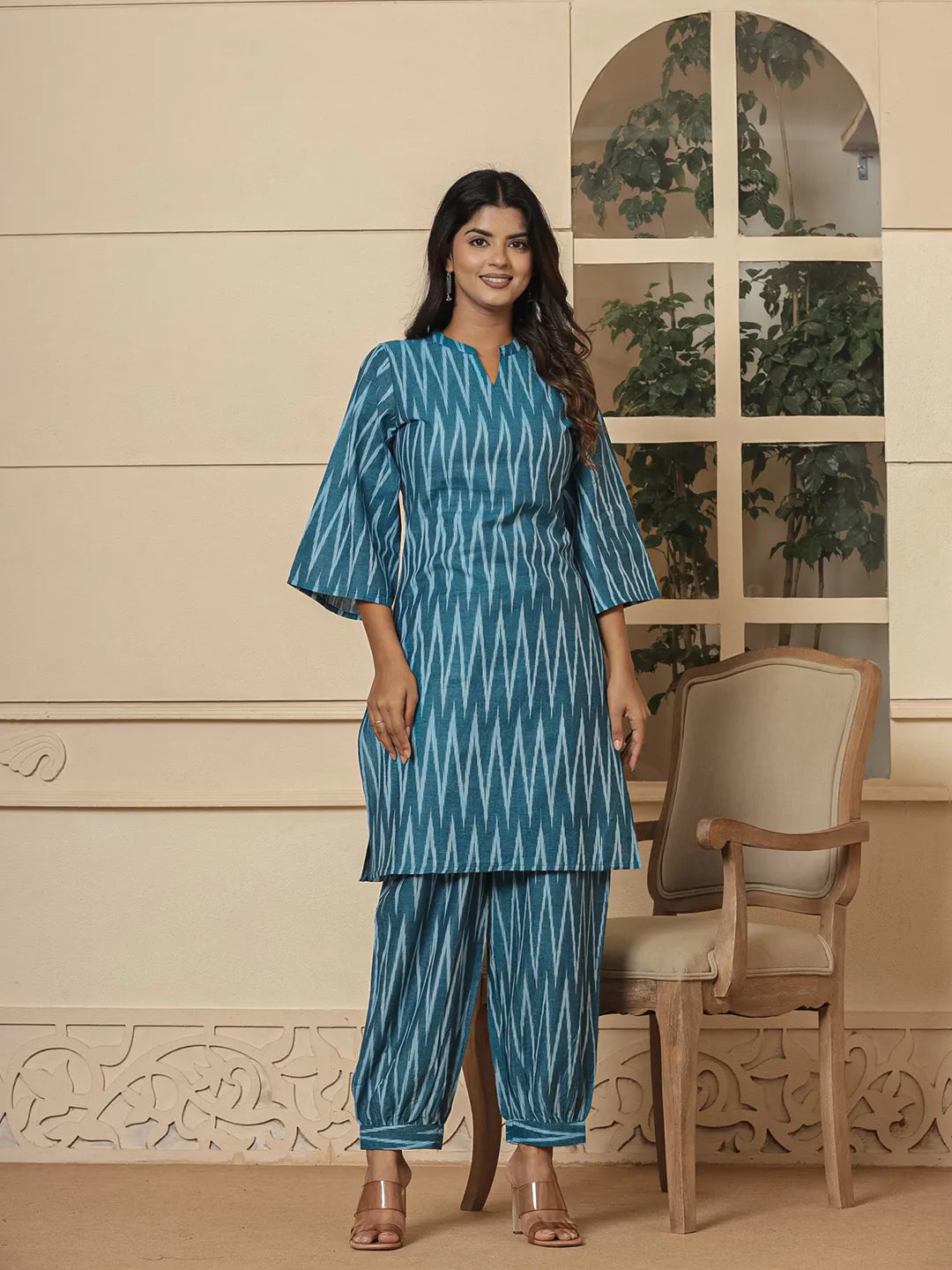 Teal-Blue-Cotton-Ikat-Mandarin-Collar-Co-Ord-Set