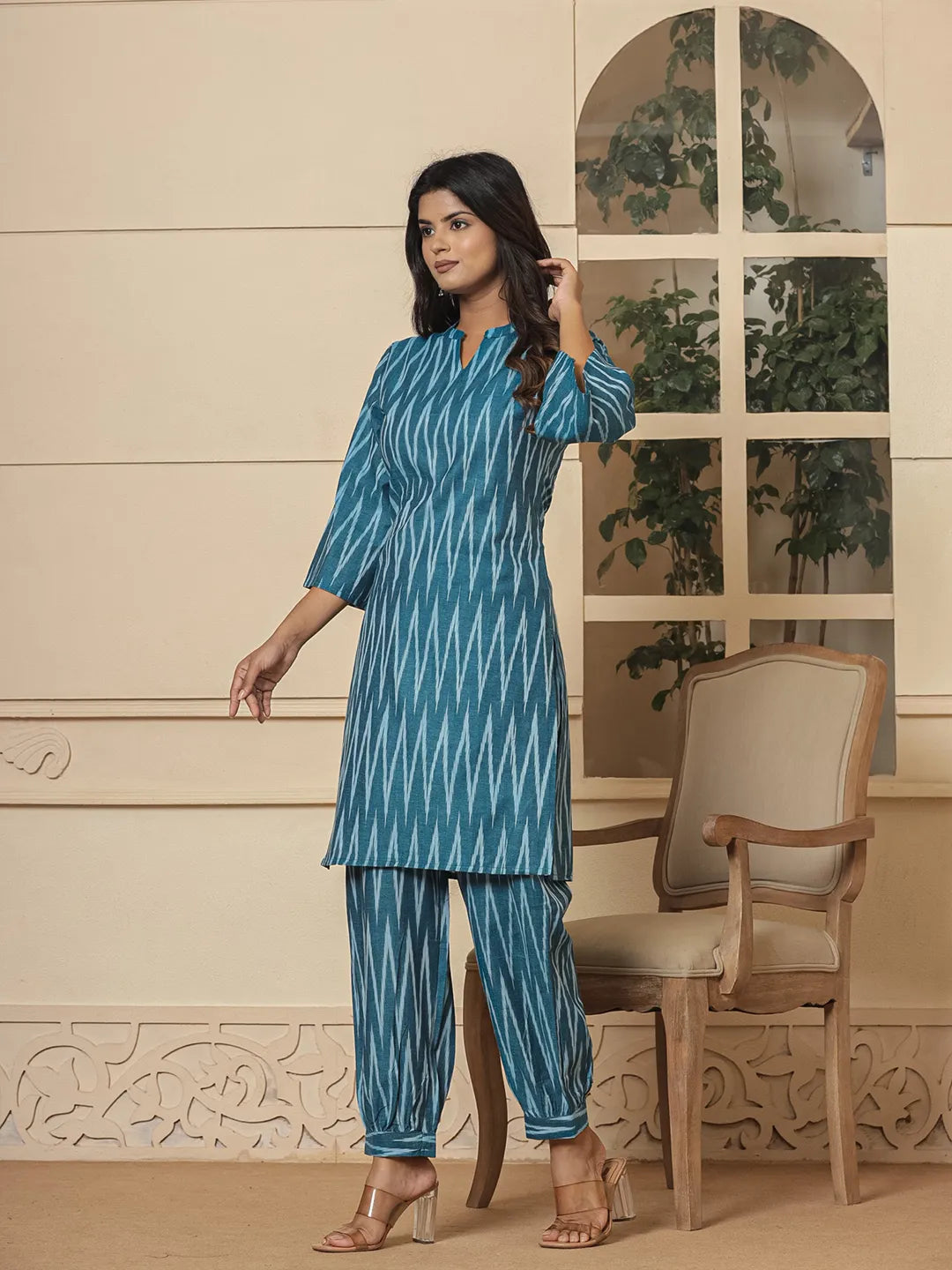 Teal-Blue-Cotton-Ikat-Mandarin-Collar-Co-Ord-Set