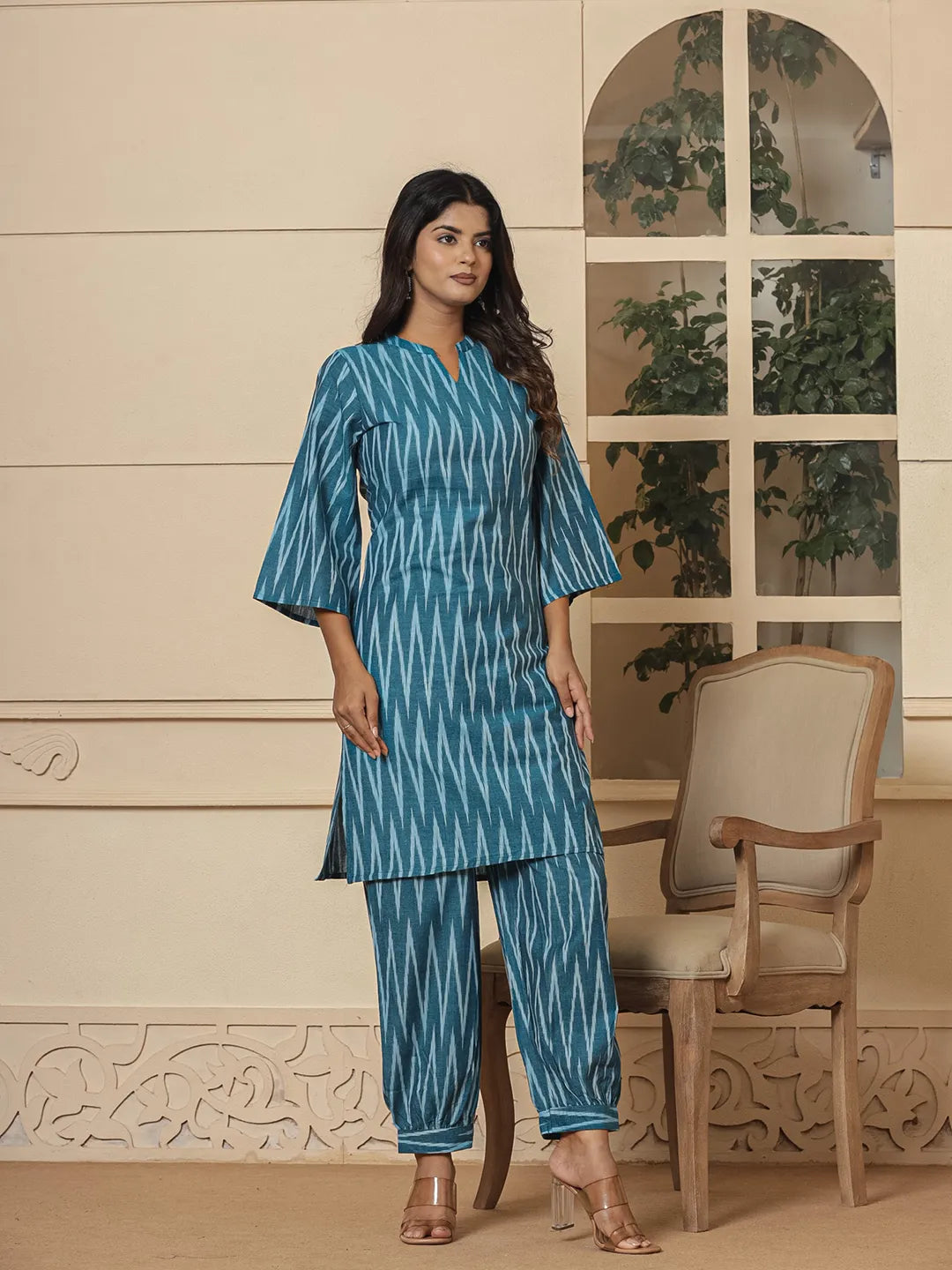 Teal-Blue-Cotton-Ikat-Mandarin-Collar-Co-Ord-Set