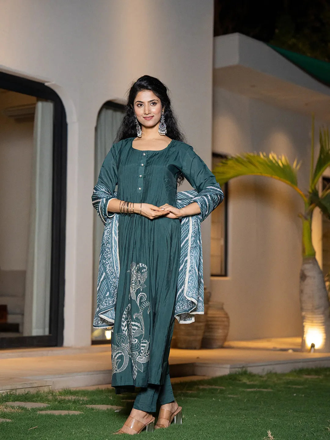 Teal-Blue-Cotton-Embroidered-A-Line-3-Piece-Kurta-Set