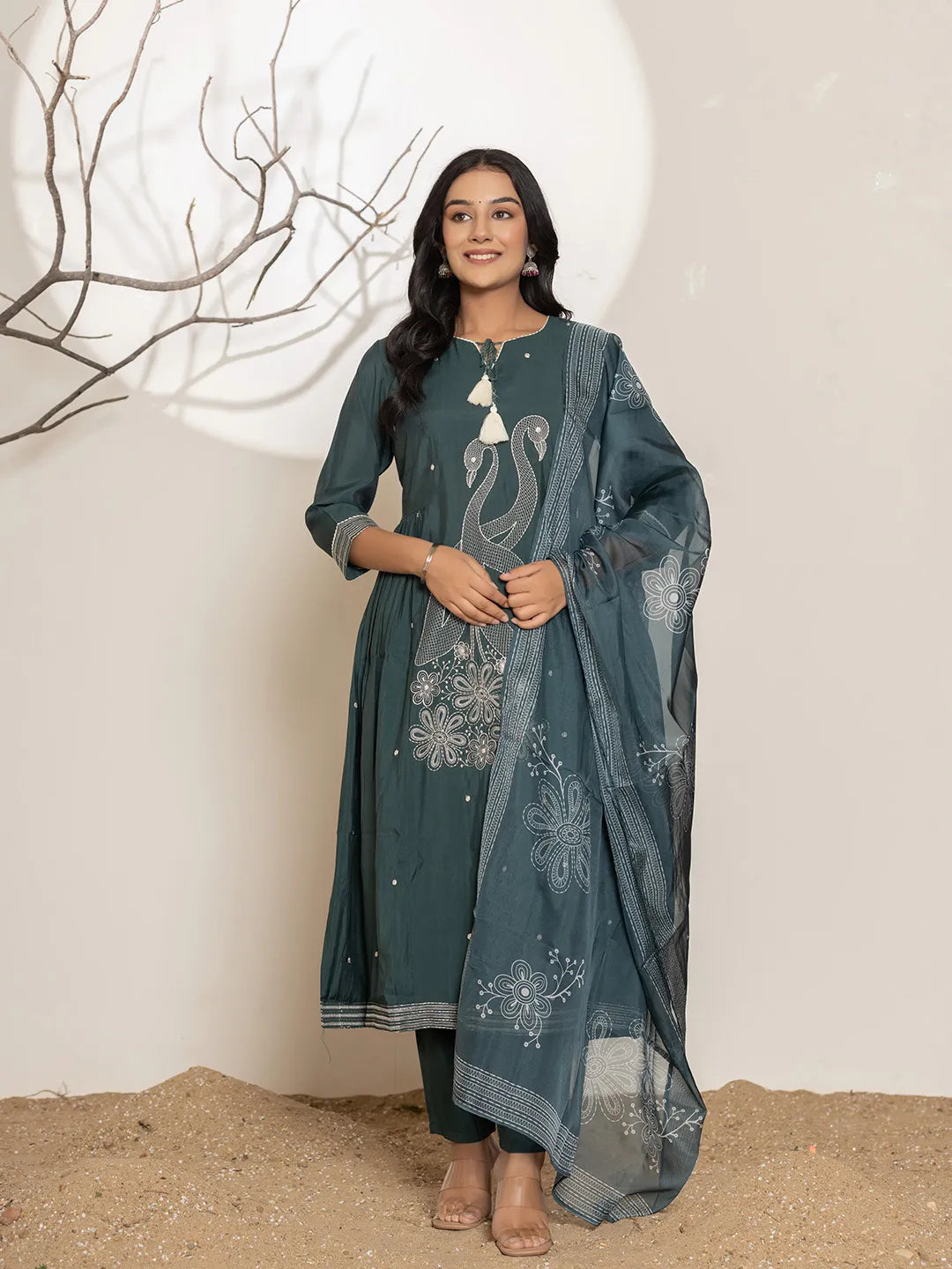 Teal-Blue-Cotton-Embroidery-A-Line-3-Piece-Kurta-Set