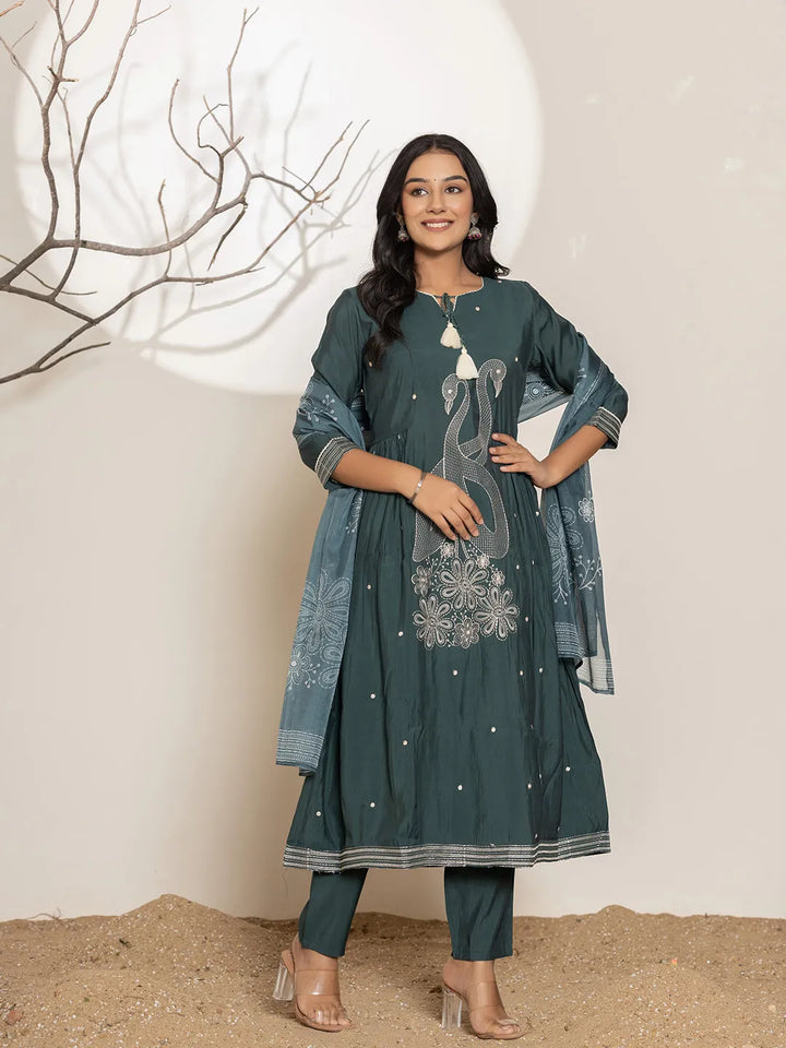 Teal-Blue-Cotton-Embroidery-A-Line-3-Piece-Kurta-Set