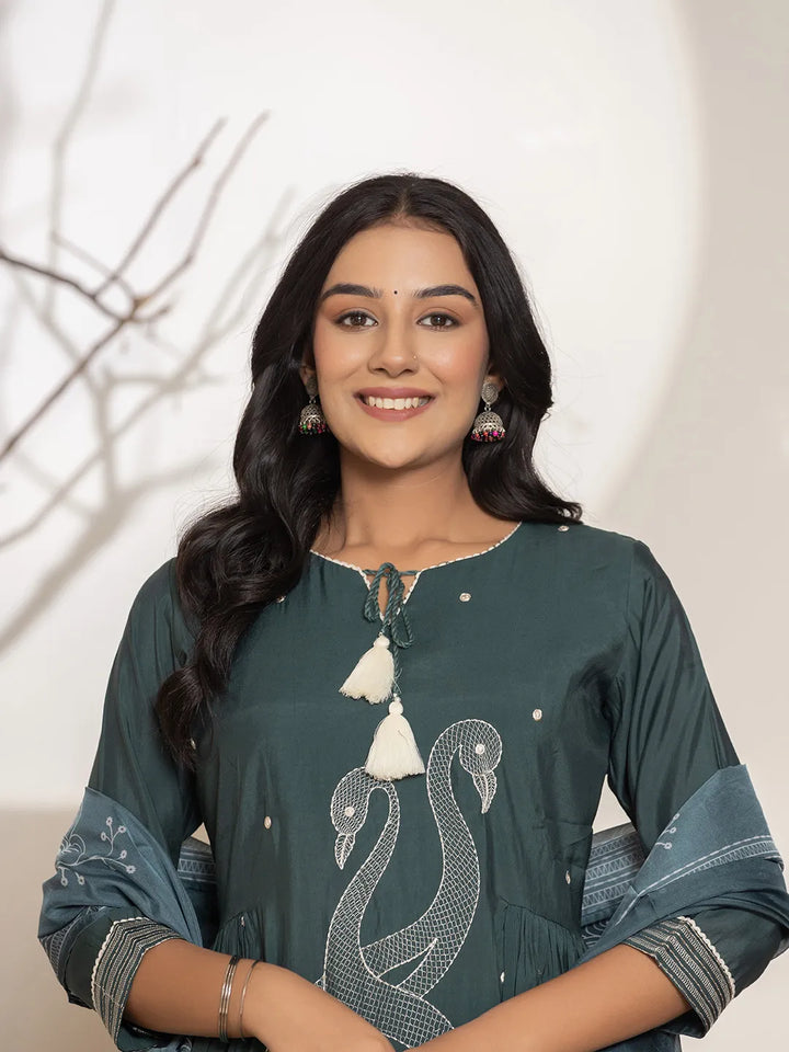 Teal-Blue-Cotton-Embroidery-A-Line-3-Piece-Kurta-Set