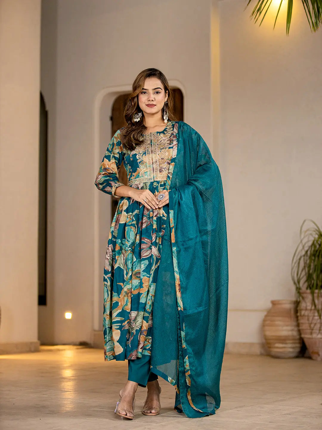 Teal-Blue-Organic-Cotton-Print-Fit-And-Flare-3-Piece-Kurta-Set