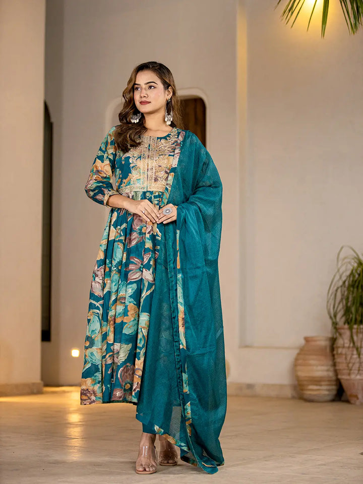 Teal-Blue-Organic-Cotton-Print-Fit-And-Flare-3-Piece-Kurta-Set