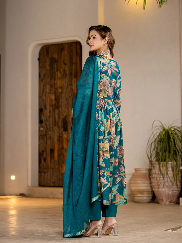 Teal-Blue-Organic-Cotton-Print-Fit-And-Flare-3-Piece-Kurta-Set