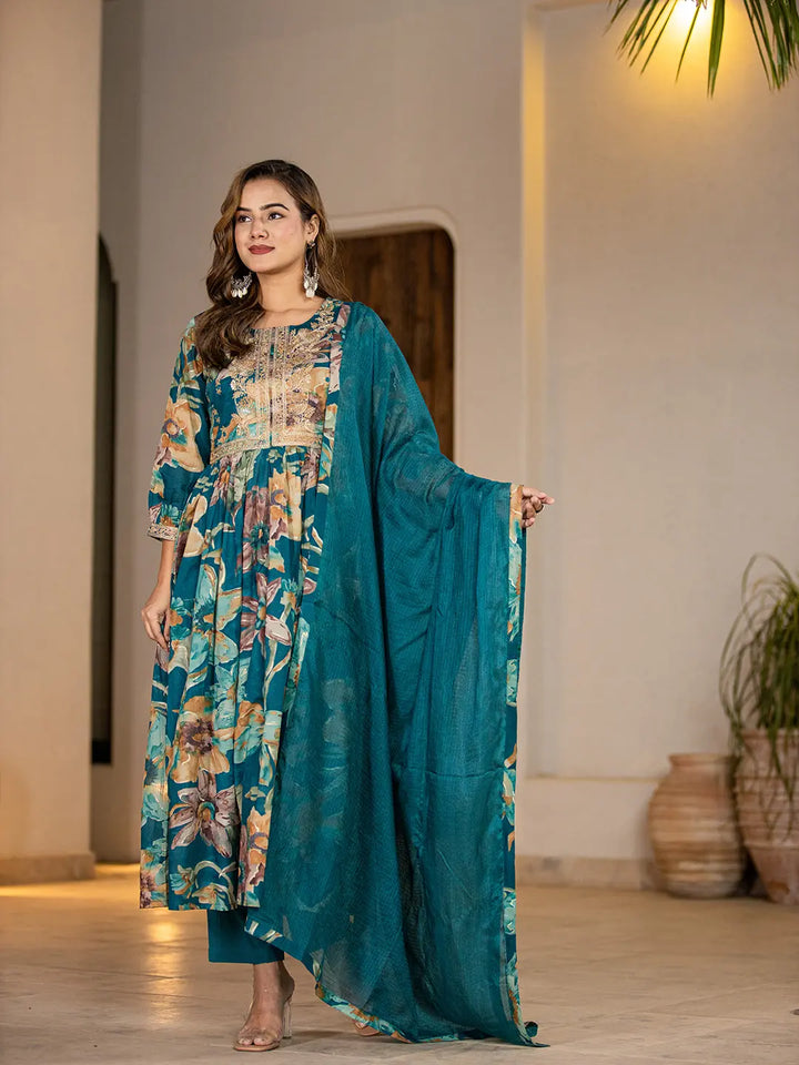 Teal-Blue-Organic-Cotton-Print-Fit-And-Flare-3-Piece-Kurta-Set