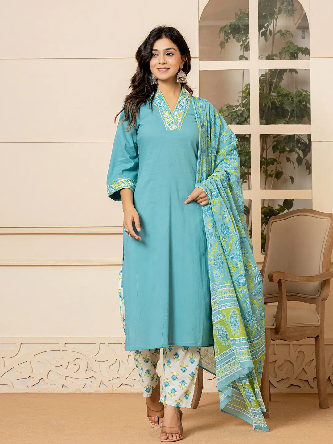 Teal-Cotton-Embroidered-Solid-3-Piece-Kurta-Set