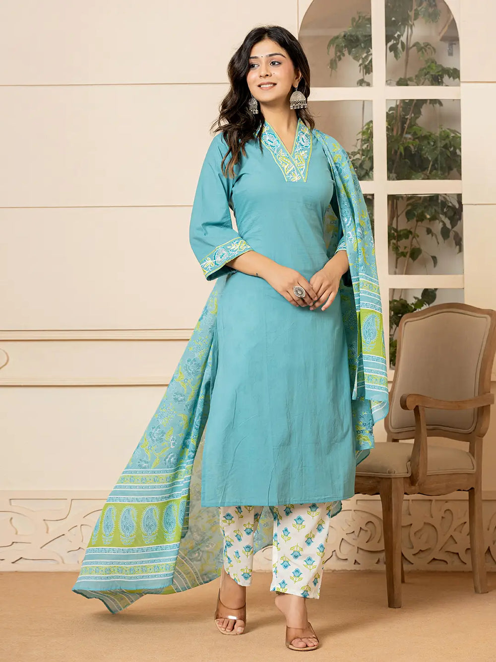 Teal-Cotton-Embroidered-Solid-3-Piece-Kurta-Set