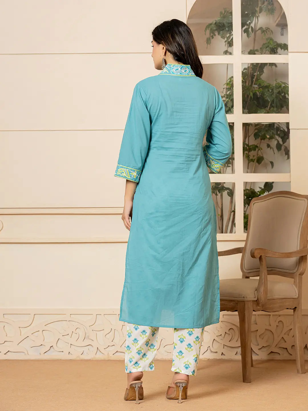 Teal-Cotton-Embroidered-Solid-3-Piece-Kurta-Set