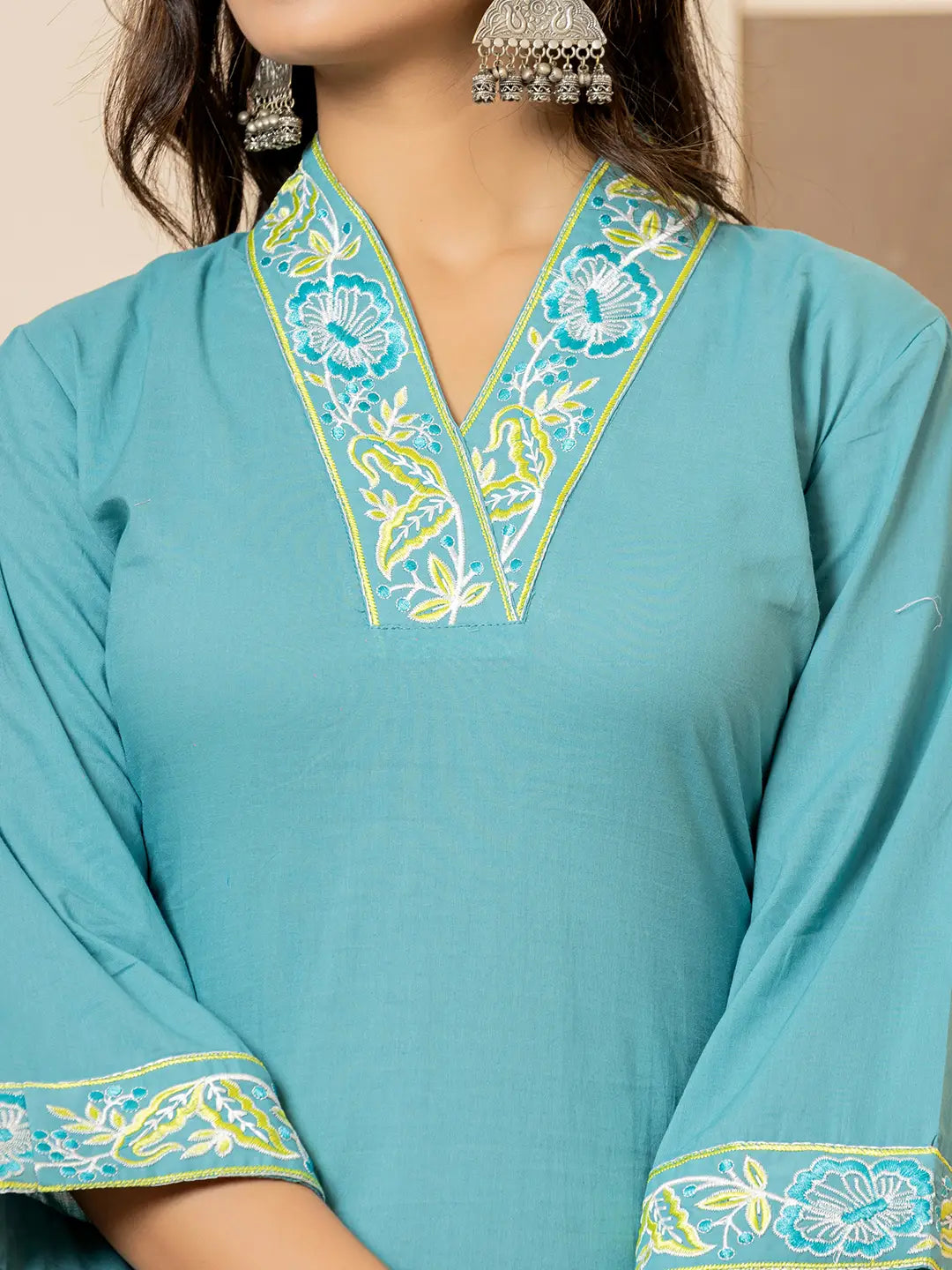 Teal-Cotton-Embroidered-Solid-3-Piece-Kurta-Set