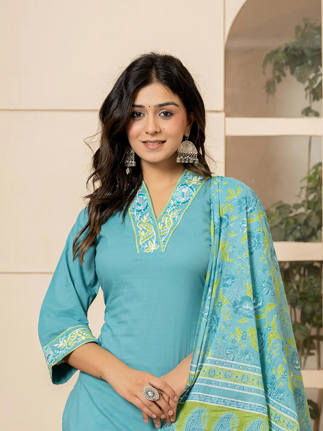 Teal-Cotton-Embroidered-Solid-3-Piece-Kurta-Set