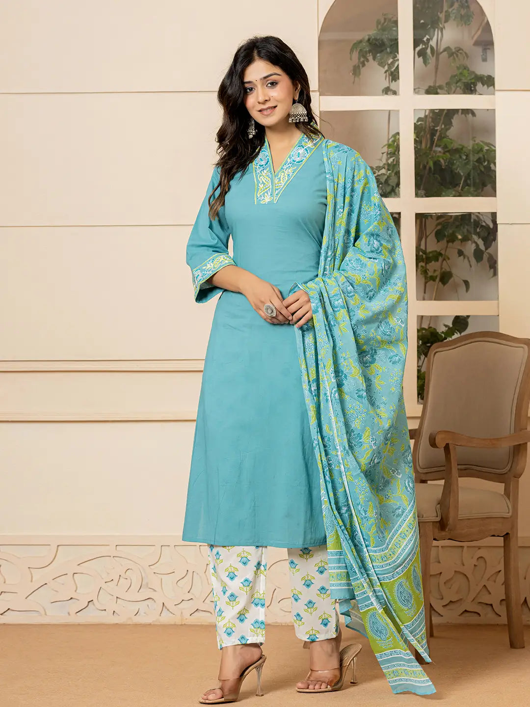 Teal-Cotton-Embroidered-Solid-3-Piece-Kurta-Set