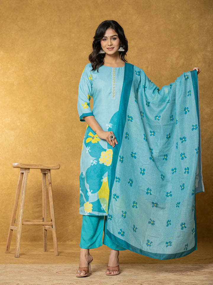 Teal-Green-Linen-Printed-3-Piece-Kurta-Set