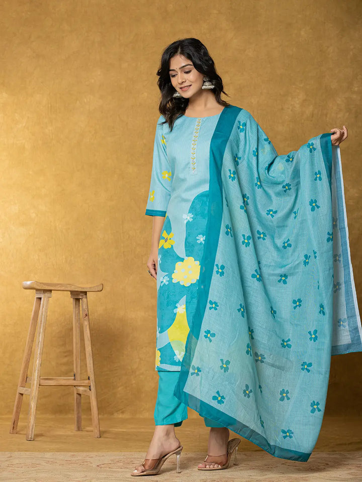 Teal-Green-Linen-Printed-3-Piece-Kurta-Set