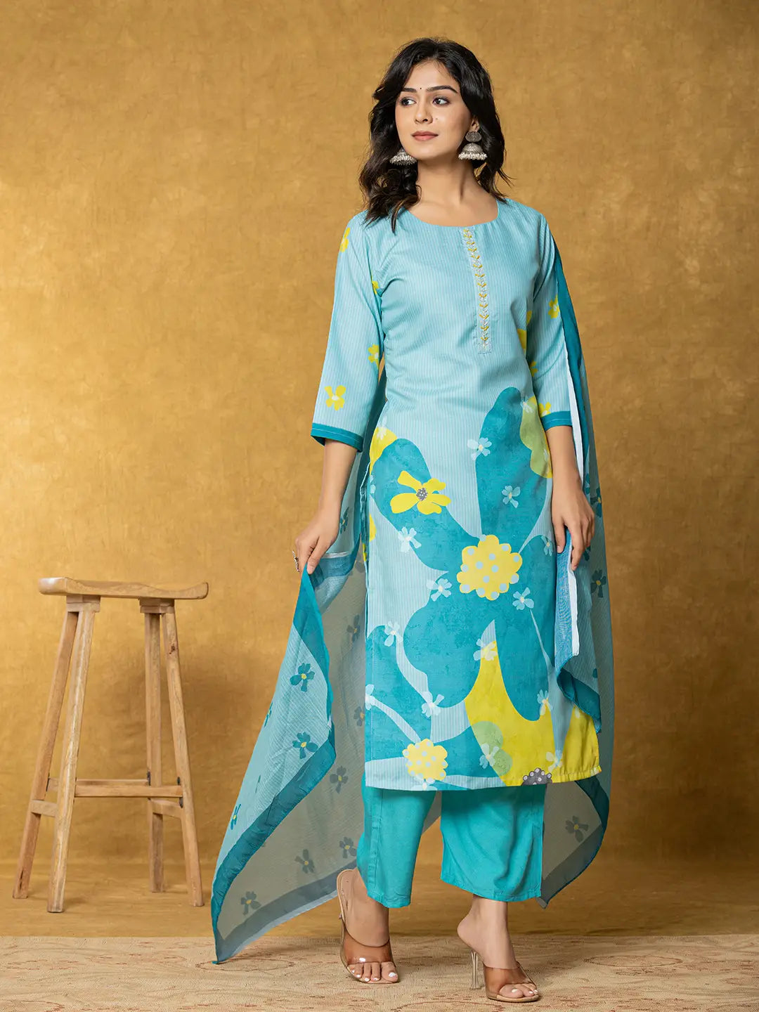 Teal-Green-Linen-Printed-3-Piece-Kurta-Set