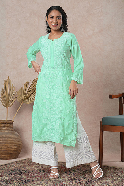 Hand Embroidered Lucknowi Chikankari Green & White Cotton Kurta