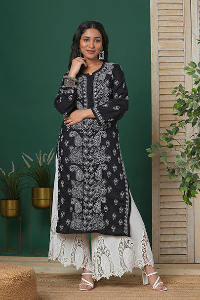 Hand Embroidered Lucknowi Chikankari Black & White Cotton Kurta