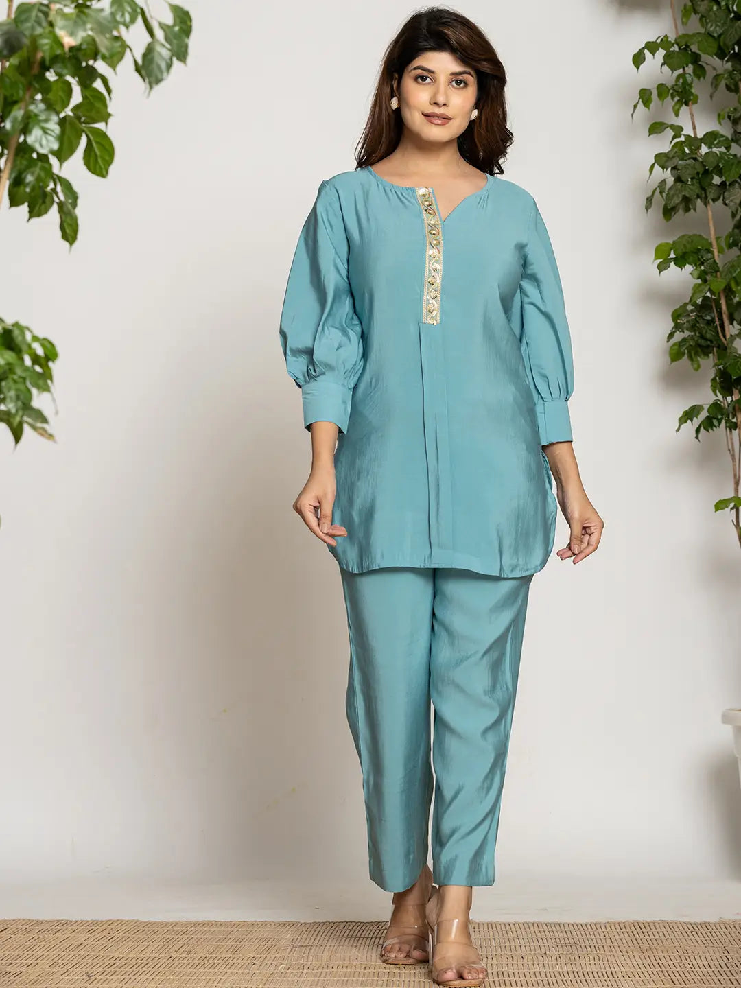 Turquoise-Blue-Silk--Blend-Solid-Co-Ord-Set