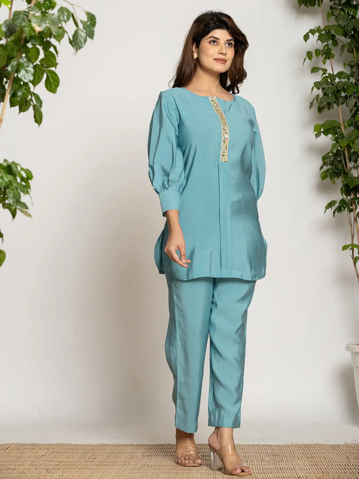 Turquoise-Blue-Silk--Blend-Solid-Co-Ord-Set