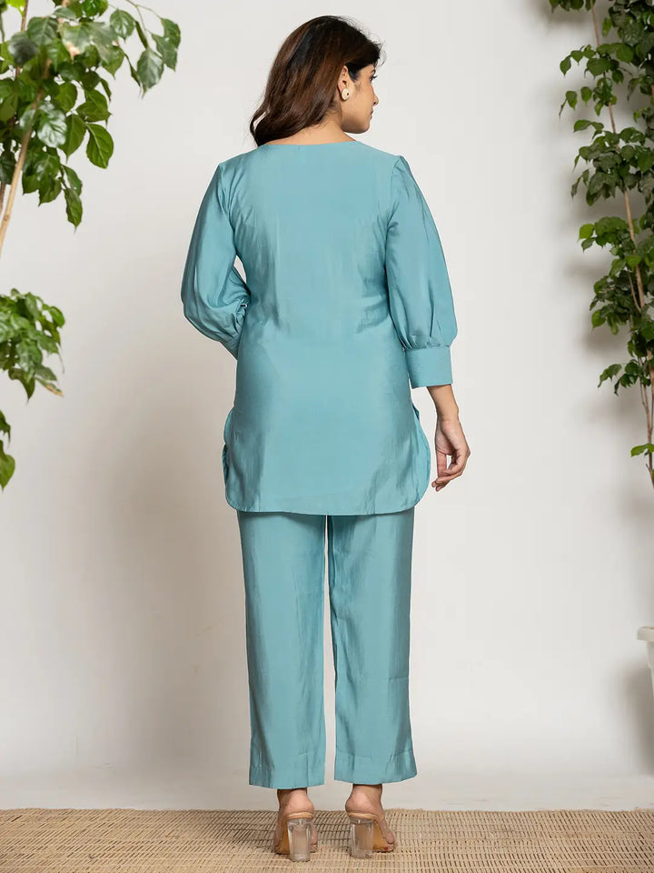 Turquoise-Blue-Silk--Blend-Solid-Co-Ord-Set