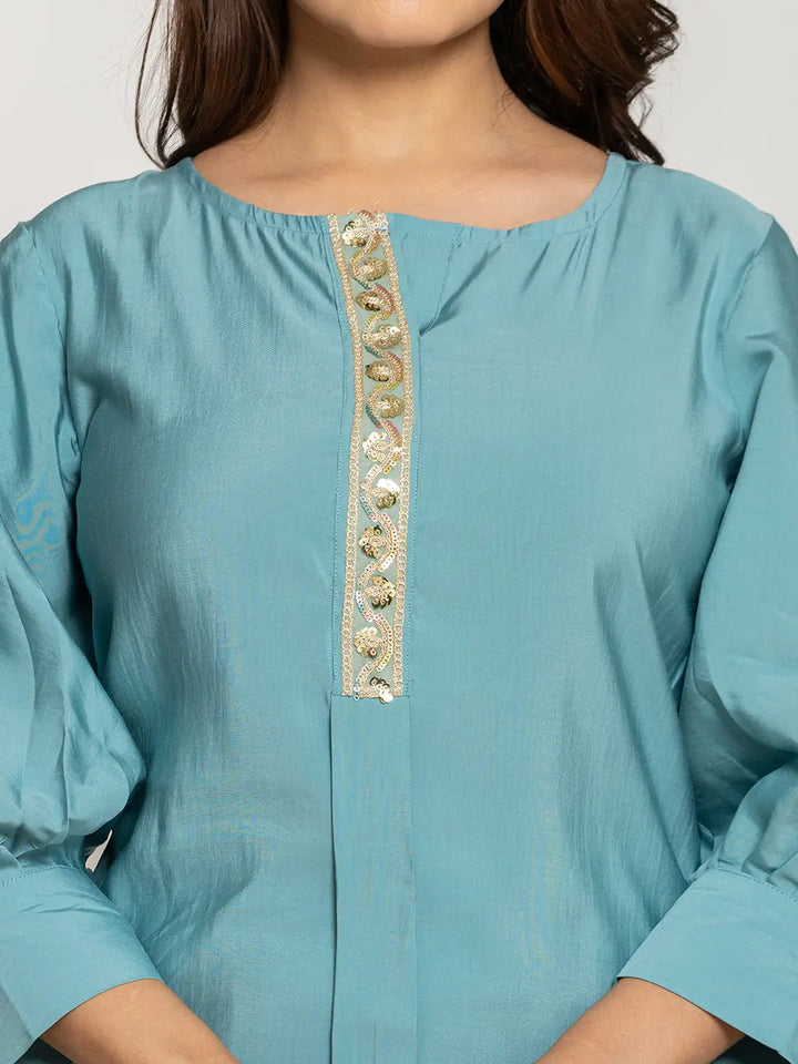 Turquoise-Blue-Silk--Blend-Solid-Co-Ord-Set