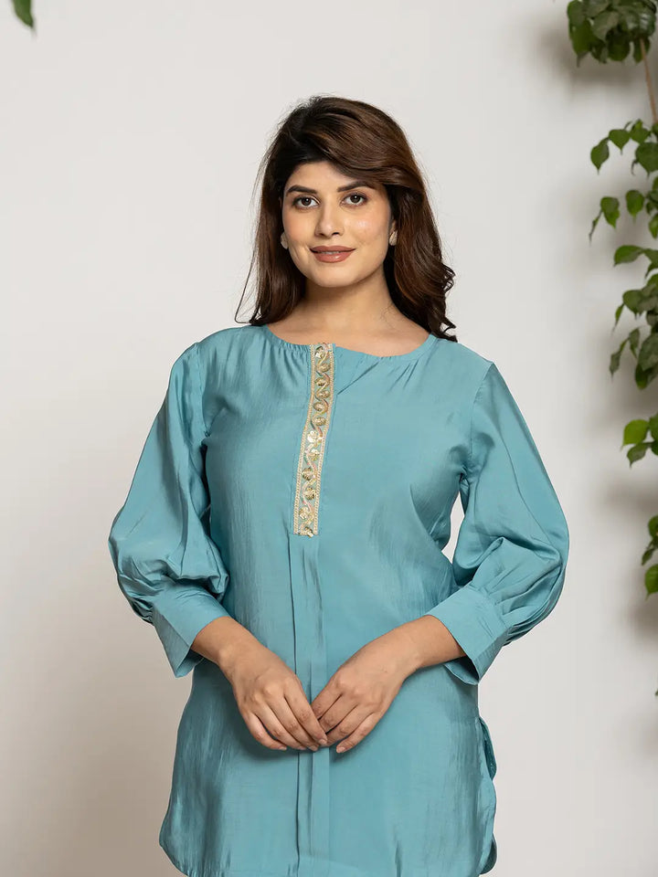 Turquoise-Blue-Silk--Blend-Solid-Co-Ord-Set