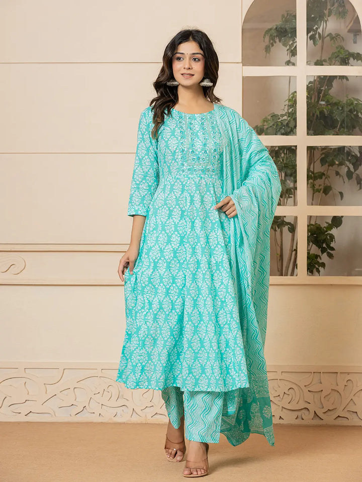 Turquoise-Pure-Cotton-Ethnic-Motifs-Embroidered-Anarkali-Set