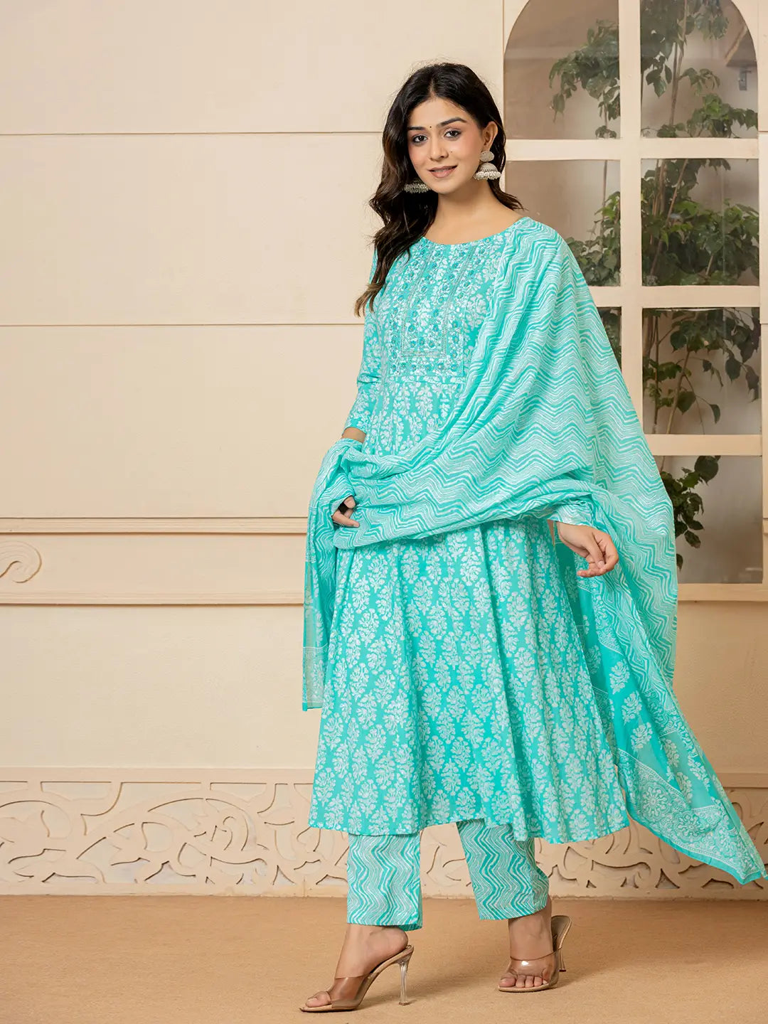 Turquoise-Pure-Cotton-Ethnic-Motifs-Embroidered-Anarkali-Set