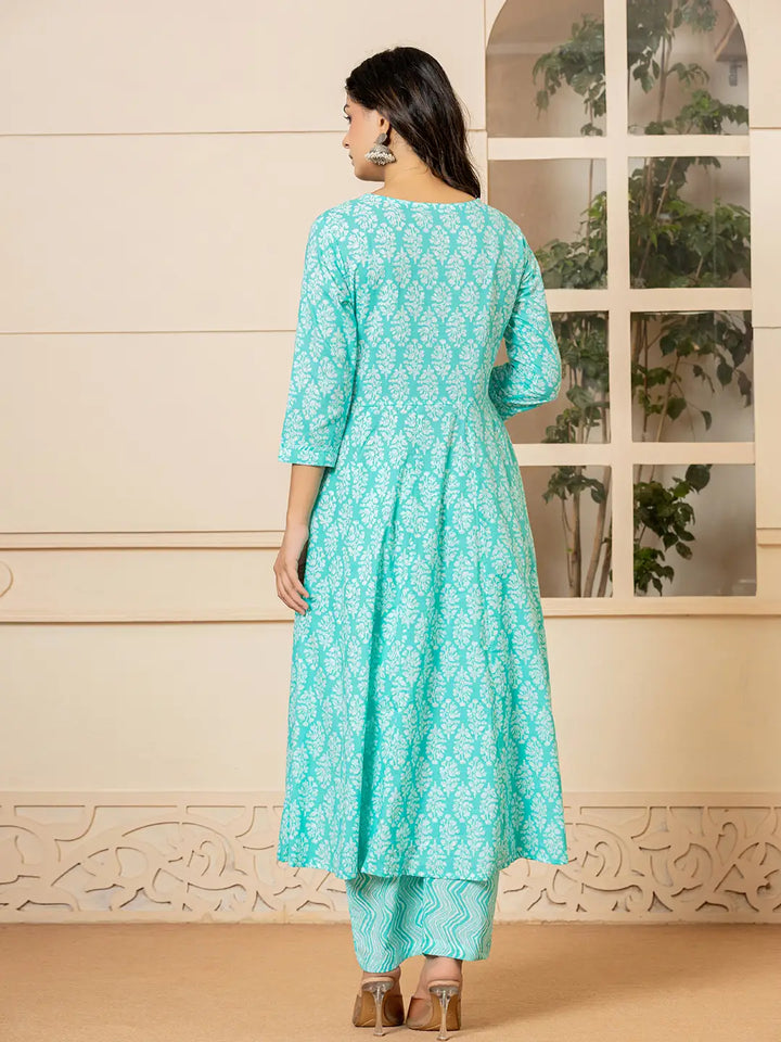 Turquoise-Pure-Cotton-Ethnic-Motifs-Embroidered-Anarkali-Set